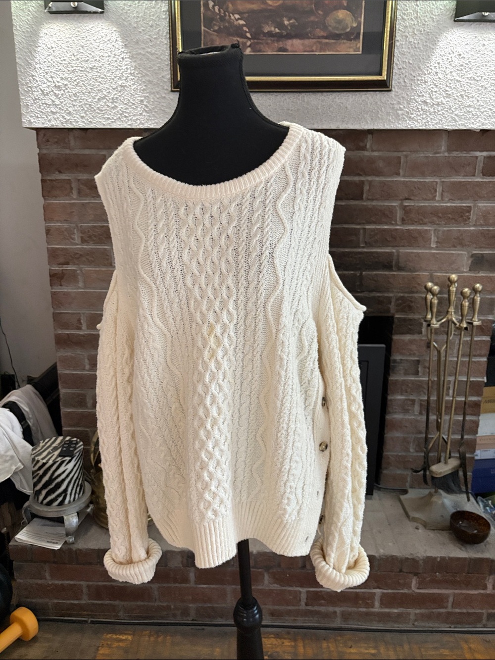 Pilcro Cream Off-Shoulder Cable Knit Sweater with Side Buttons